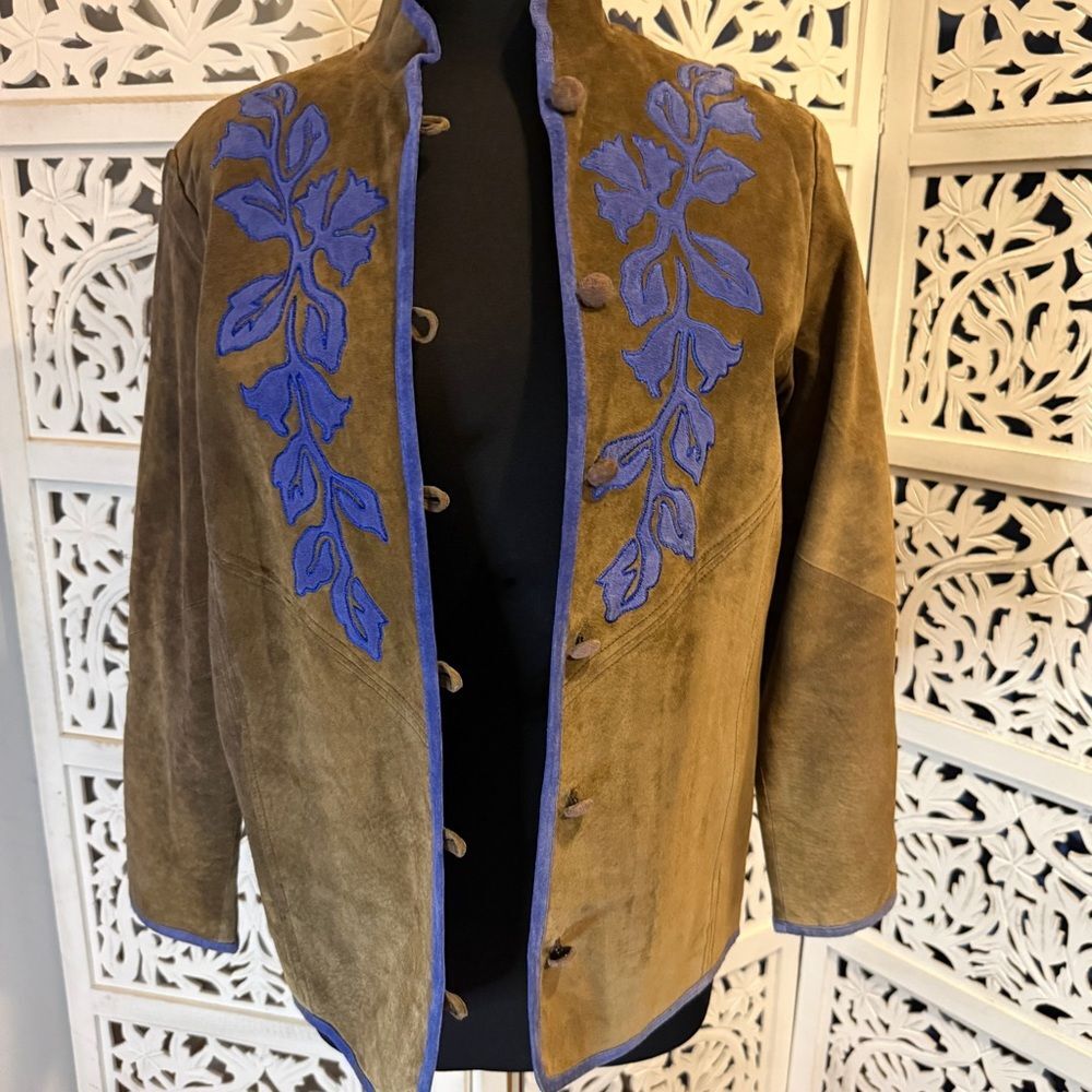 Linea by Louis Dell'Olio Olive Suede Jacket with Blue Embroidery Sz S